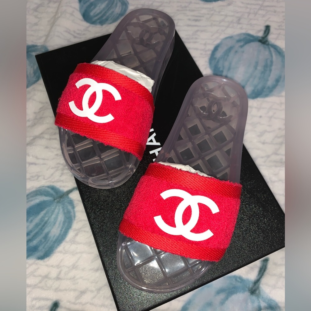 Chanel CC Logo Rubber Jelly Clear Sandals Pool Slides Size 36